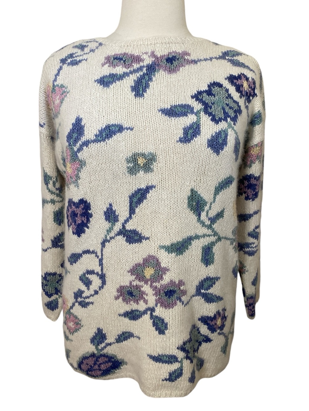 Vintage Express Tricot Cream Cottagecore Floral Silk Angora Crewneck Sweater